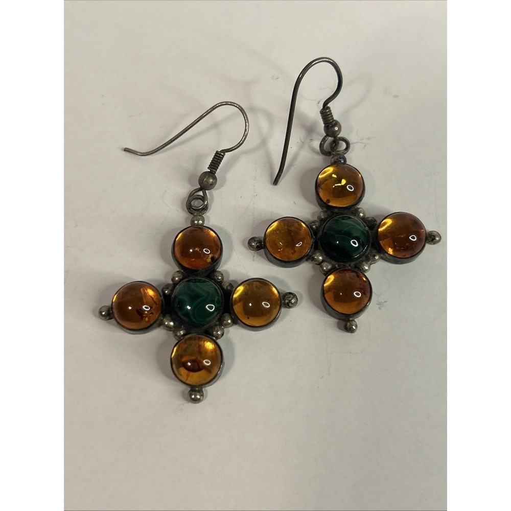 Amber And Malachite Sterling Earrings